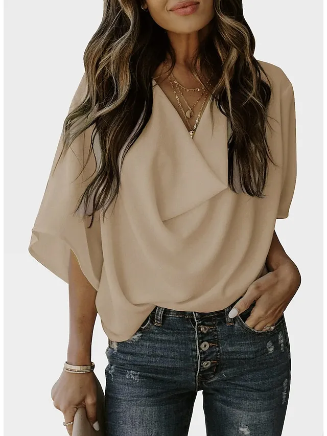 Women's Shirt Blouse Almond Black White Plain Long Sleeve Casual Basic V Neck S