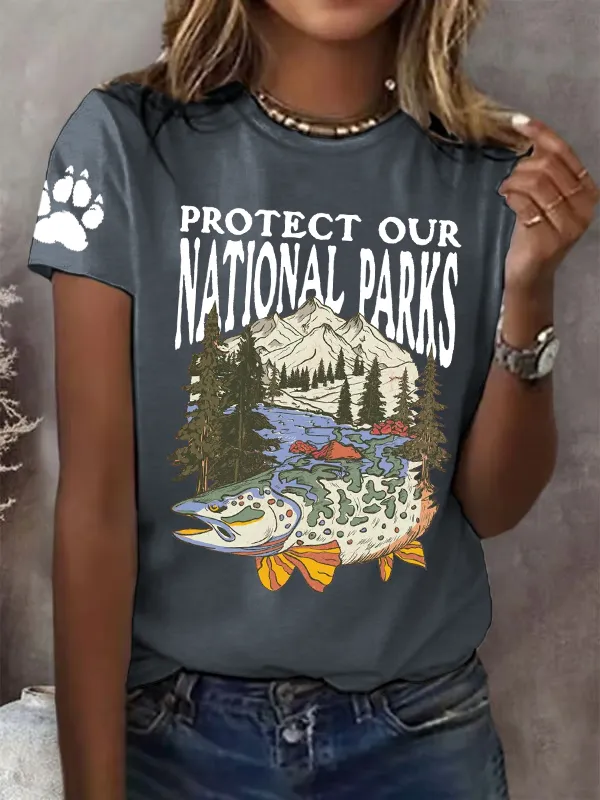 Women'S T-Shirt Women Protect Our National Parks Printed Crewneck T-Shirt Pure Cotton Casual