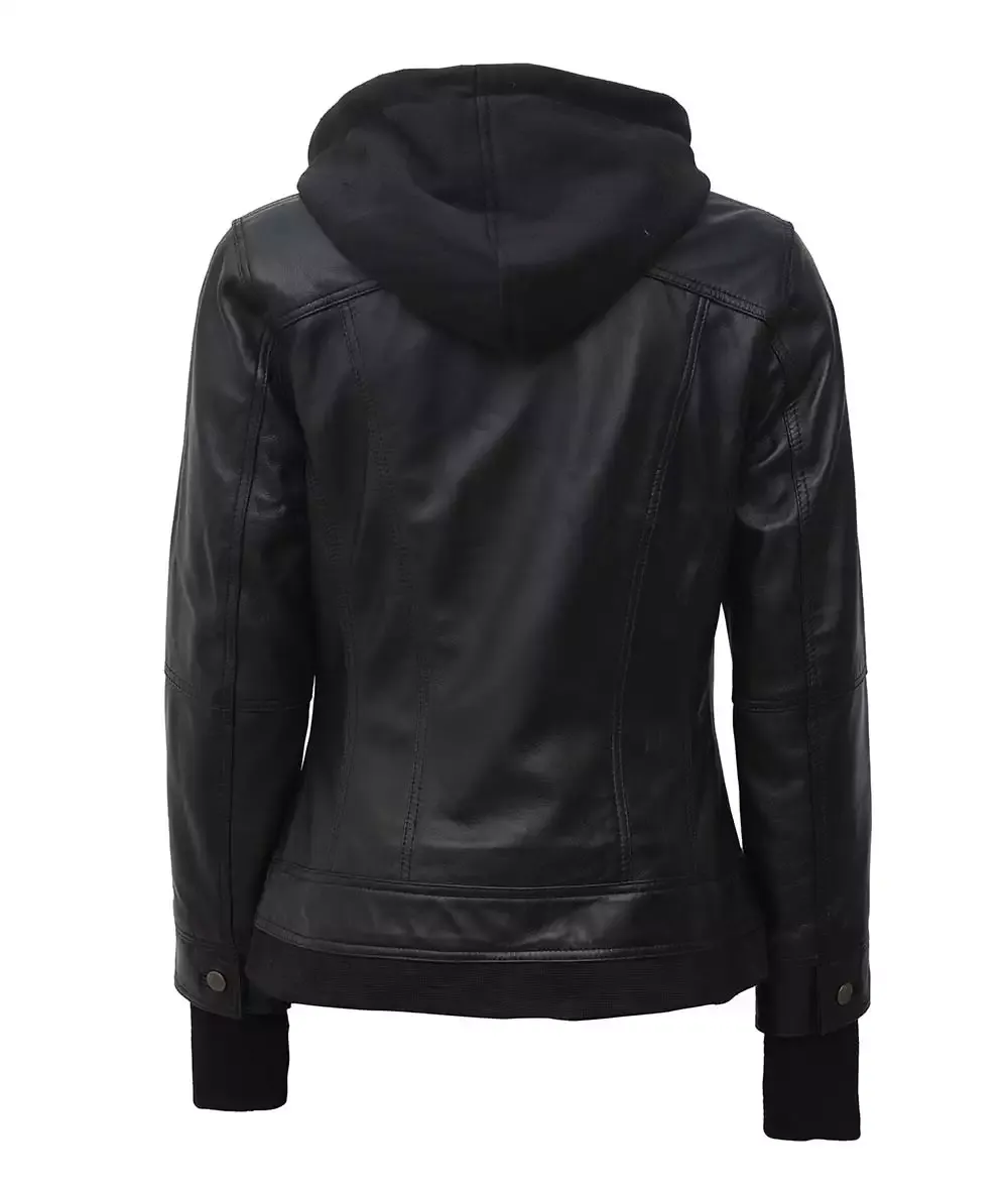 The Céleste: Womens Black Bomber Leather Jacket with Removable Hood