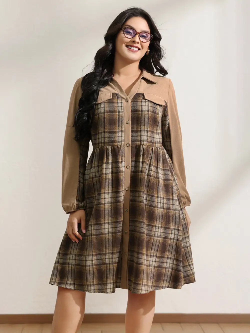 Corduroy Plaid Pattern Contrast Midi Dress