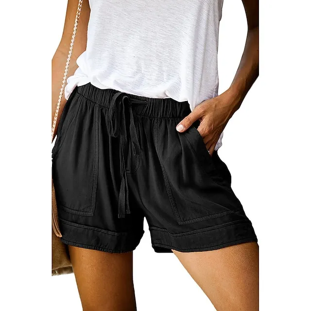 Women‘s Shorts Drawstring Pocket Plain Daily Regular Summer Green Black Pink Orange Red