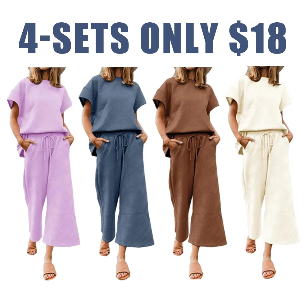 Women's 2-Piece Knit Loungewear Set – Short Sleeve Top & Cropped Wide Leg Pants