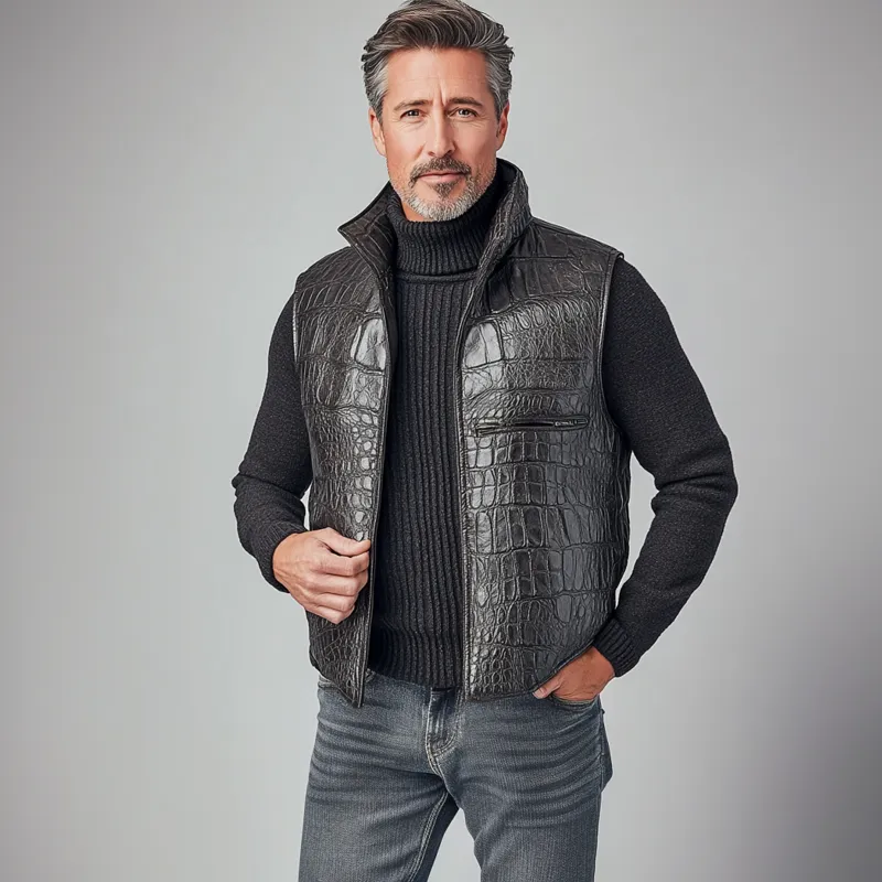 Men's Vintage Alligator Pattern Stand Collar Sleeveless PU Leather Vest