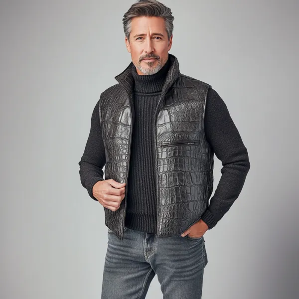 Men's Vintage Alligator Pattern Stand Collar Sleeveless PU Leather Vest