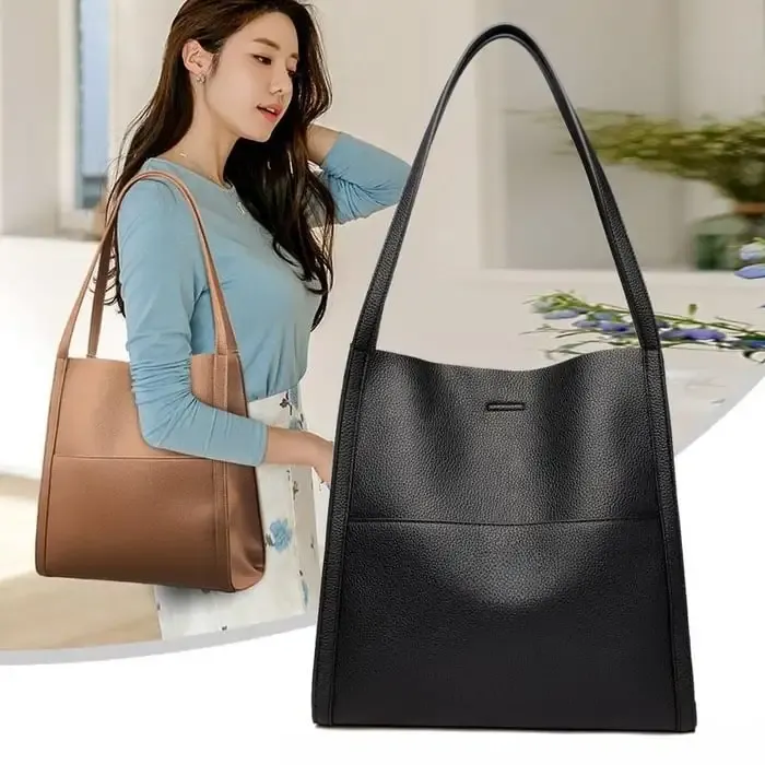 Simple Solid Colour Shoulder Bag Made of Genuine Leather