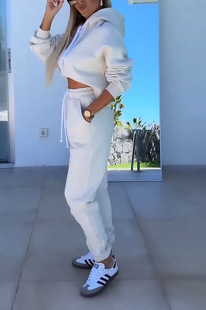 Women's solid color round neck top and pants two-piece set