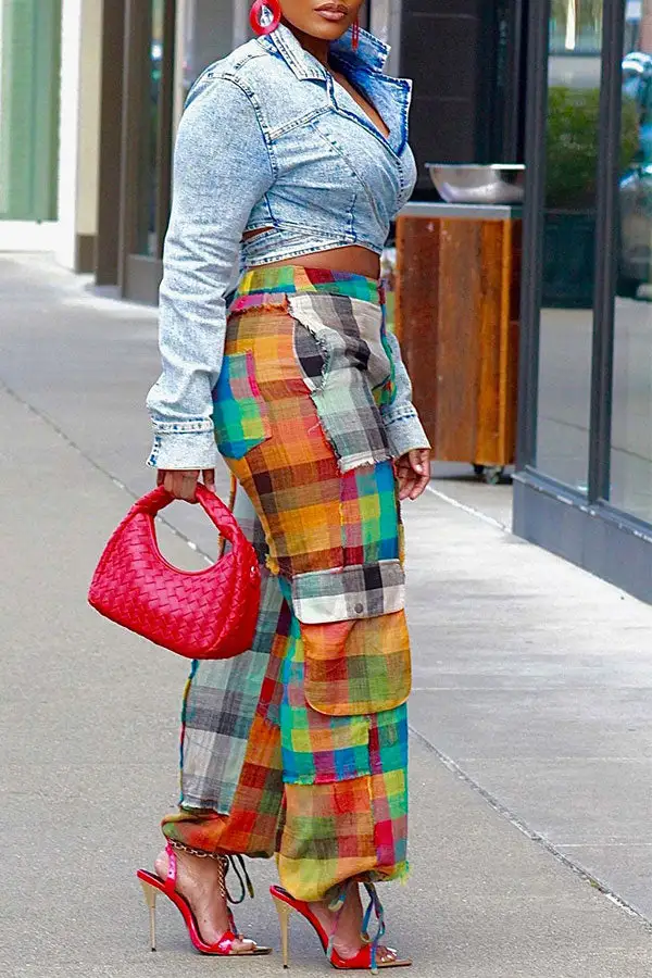 Colorful Checked Multi-Pocket Ankle-Tied Pants