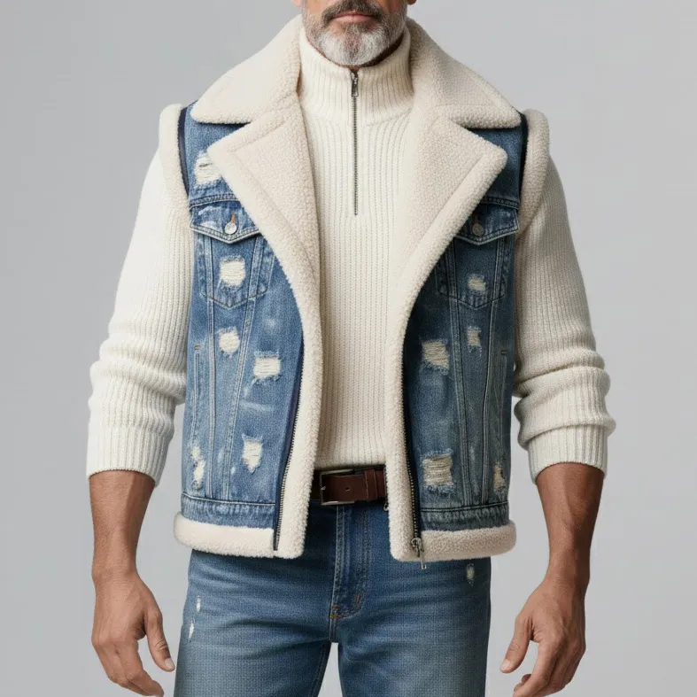 Men's Blue Notched Lapel Ripped Denim Plush-Lined Zipper Vest