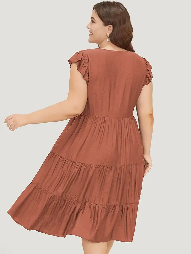 Plain Pocket Button Detail Ruffle Layered Hem Dress