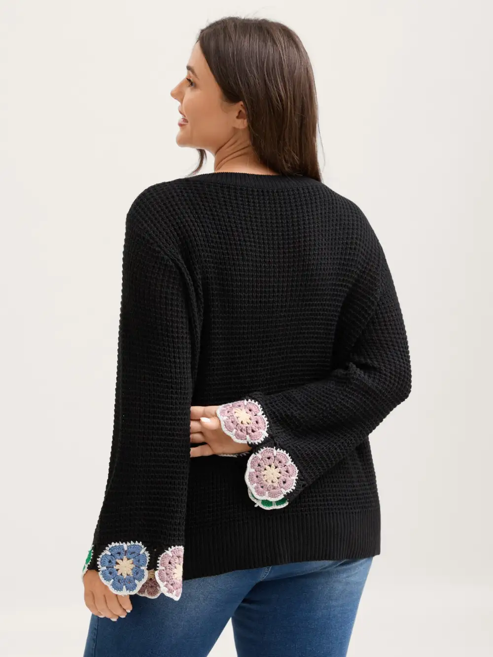 Crochet Floral Hem V-Neck Pullover