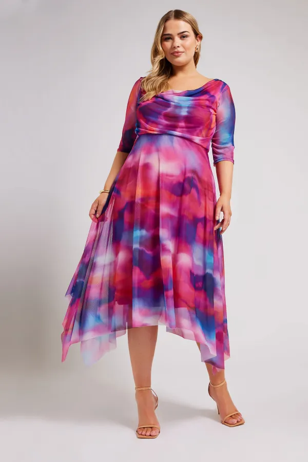 YOURS LONDON Curve Pink Cowl Neck Mesh Midi Dress
