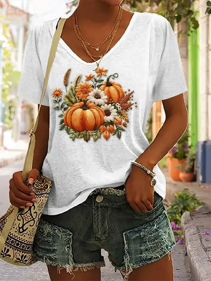 Women's Casual Autumn Floral Pumpkin T-Shirt