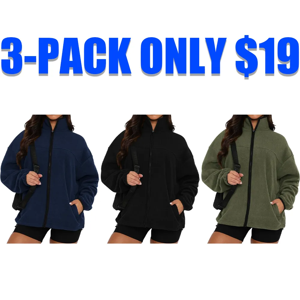Women’s Fleece Zip-Up Jacket – Baggy Stand Collar with Pockets, Fall/Winter