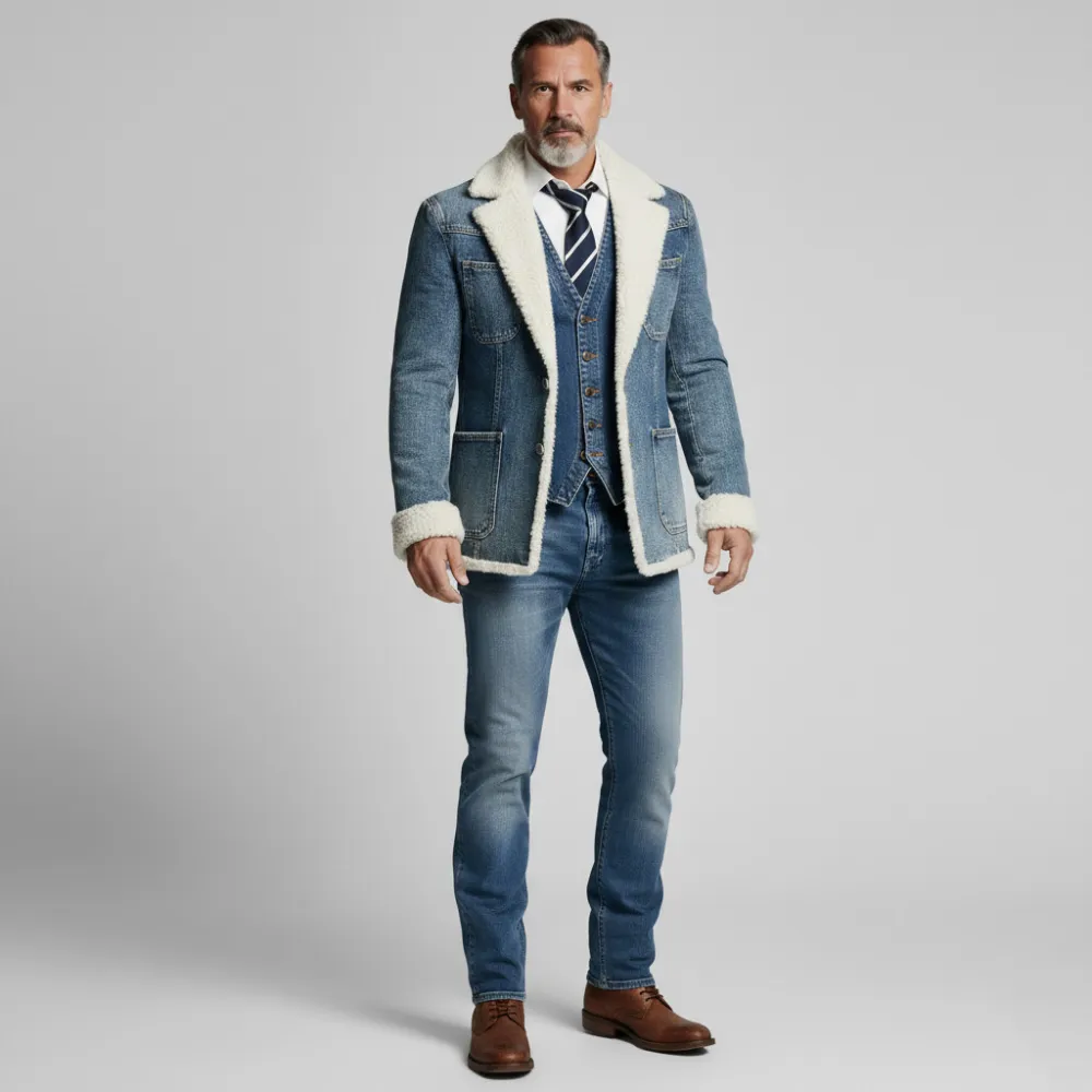 Men's Blue Denim Notched Lapel Two Button Patch Pockets Long Sleeve Sherpa-Lined Jacket