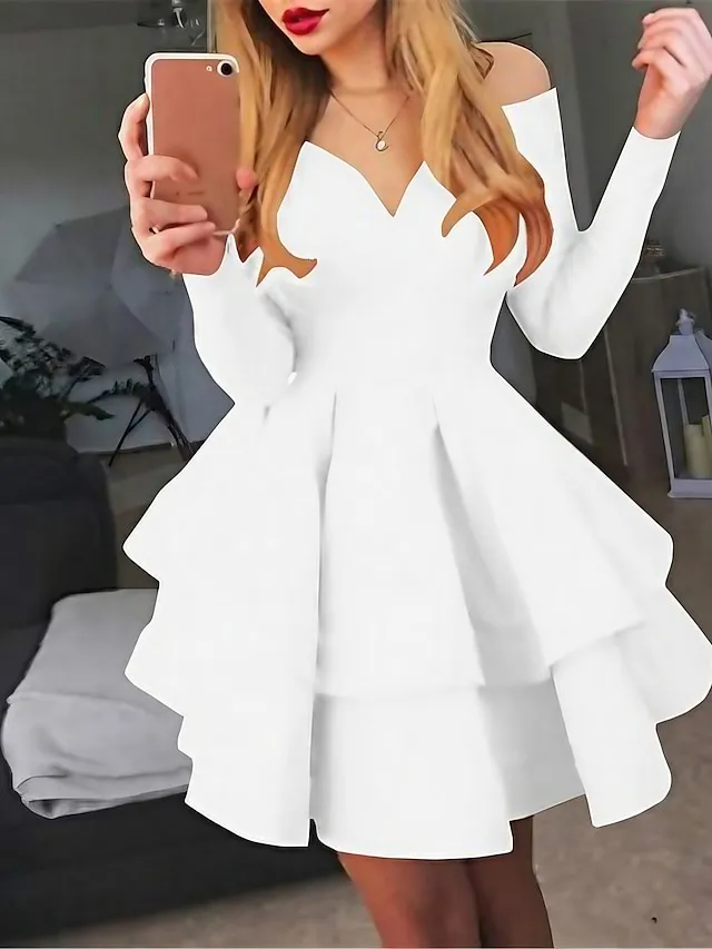 Women‘s Party Dress White Dress Black Red White Long Sleeve Pure Color Pleated Winter Fall Autumn Off Shoulder Party Winter Dress 2023 S M L XL XXL