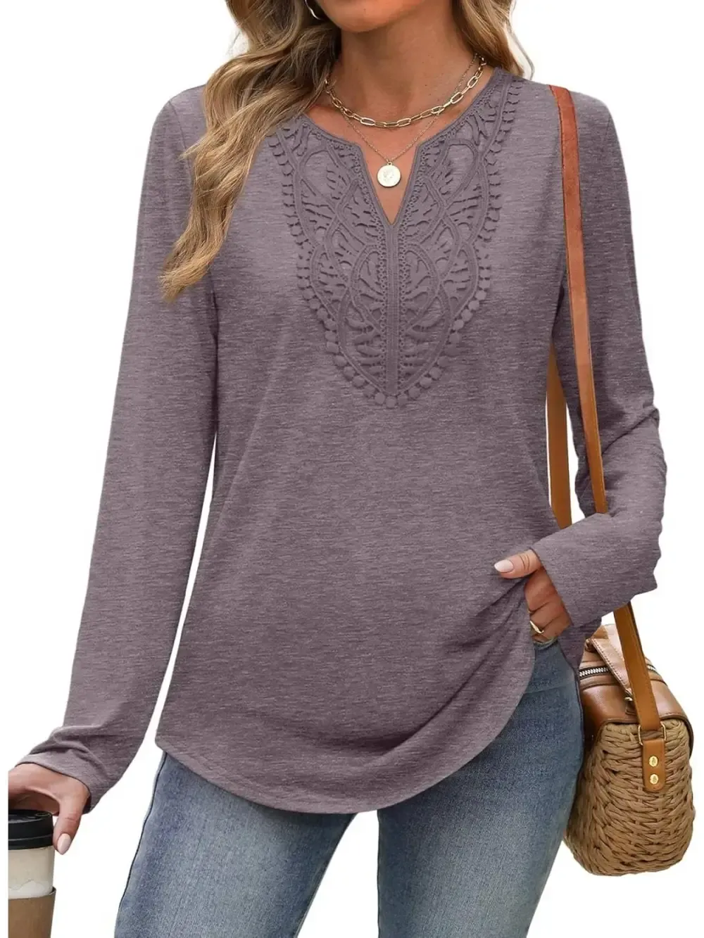 ✨Women Dressy Casual Lace V Neck Long Sleeve Shirts Blouses