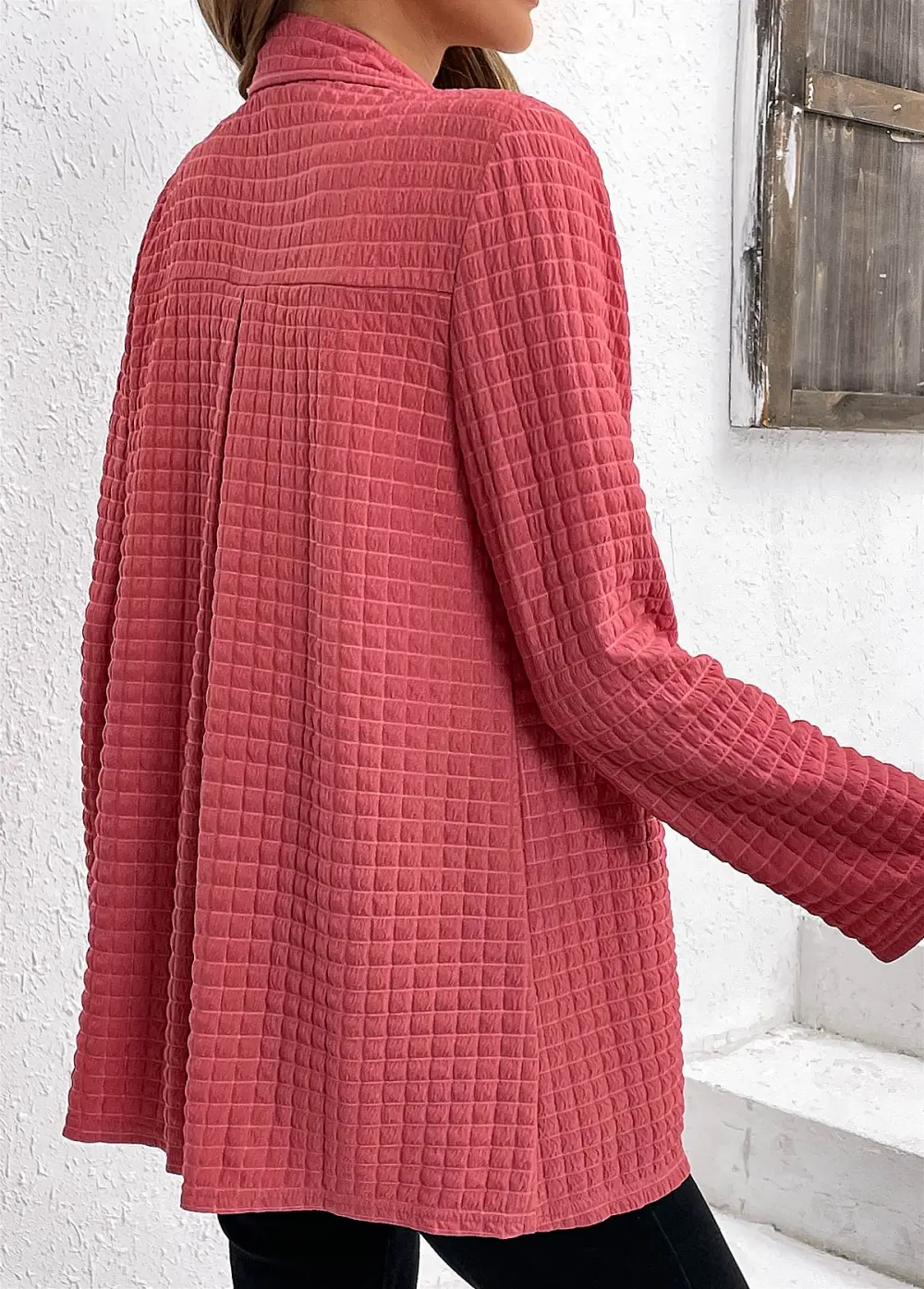 Coral Button Long Sleeve Shirt Collar Blouse