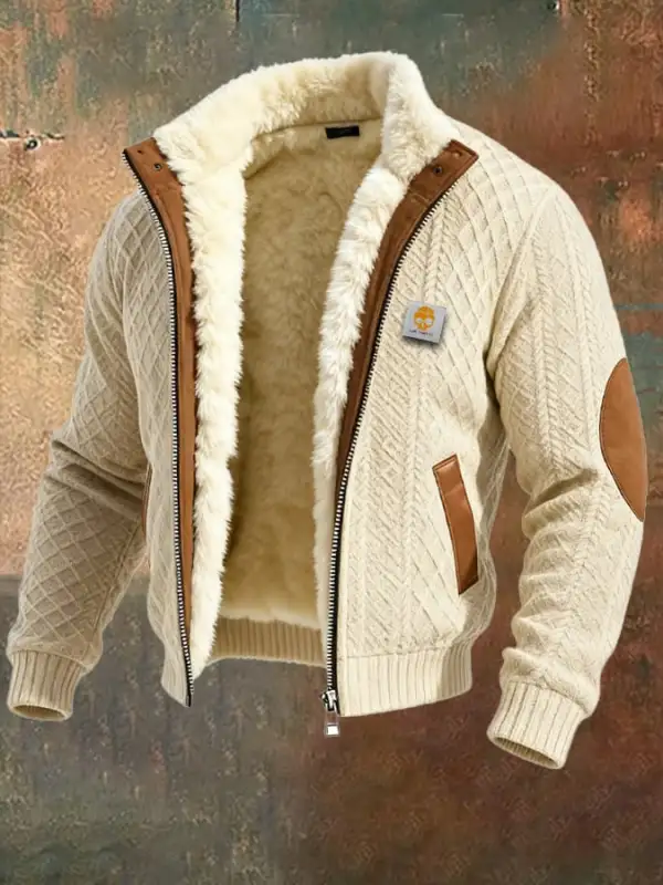 Men's Retro Texture Knitted Jacquard Warm Multi-Pocket Outdoor Jacket