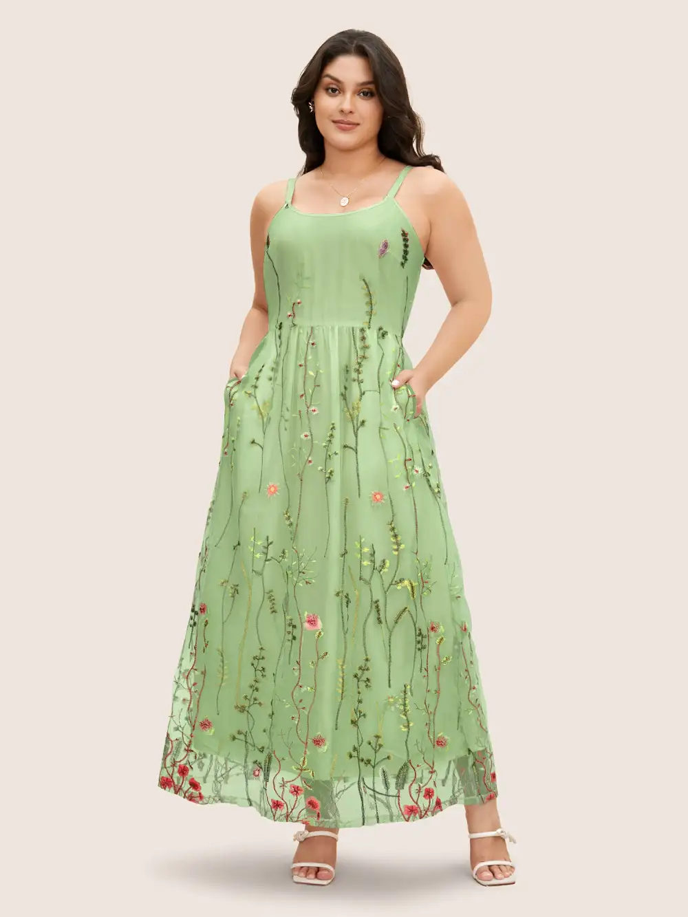 U Neck Floral Embroidered Mesh Cami Dress