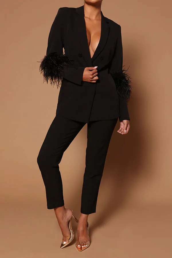  Feather Trim Stylish Pant Suit