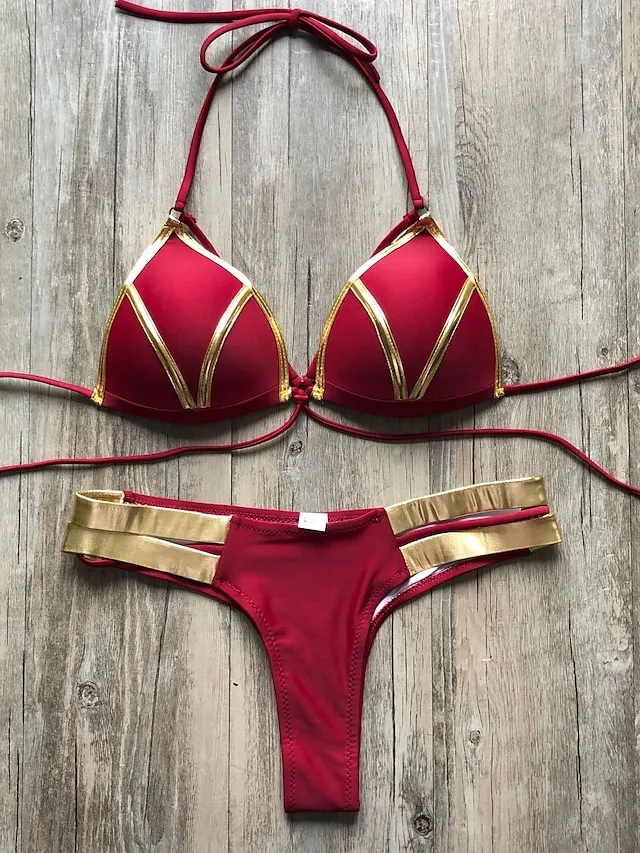 Women's Swimwear Bikini 2 Piece Normal Swimsuit Open Back Cut Out Sexy Leopard Color Block Leopard Print Black Pink Wine Dusty Rose Camisole Strap Bathing Suits New Vacation Sexy
