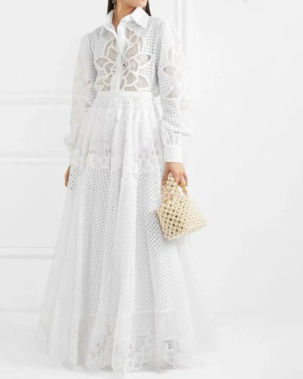 Elegant Floral Embroidered Shirt and Skirt Lace Two-Piece Set
