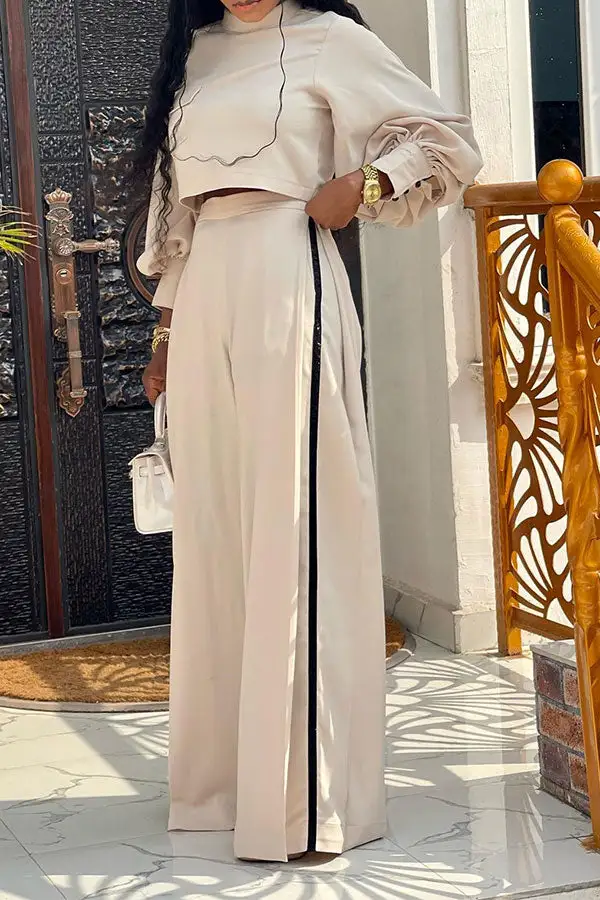 Colorblock Mock-Neck Wide-Leg Pant Set