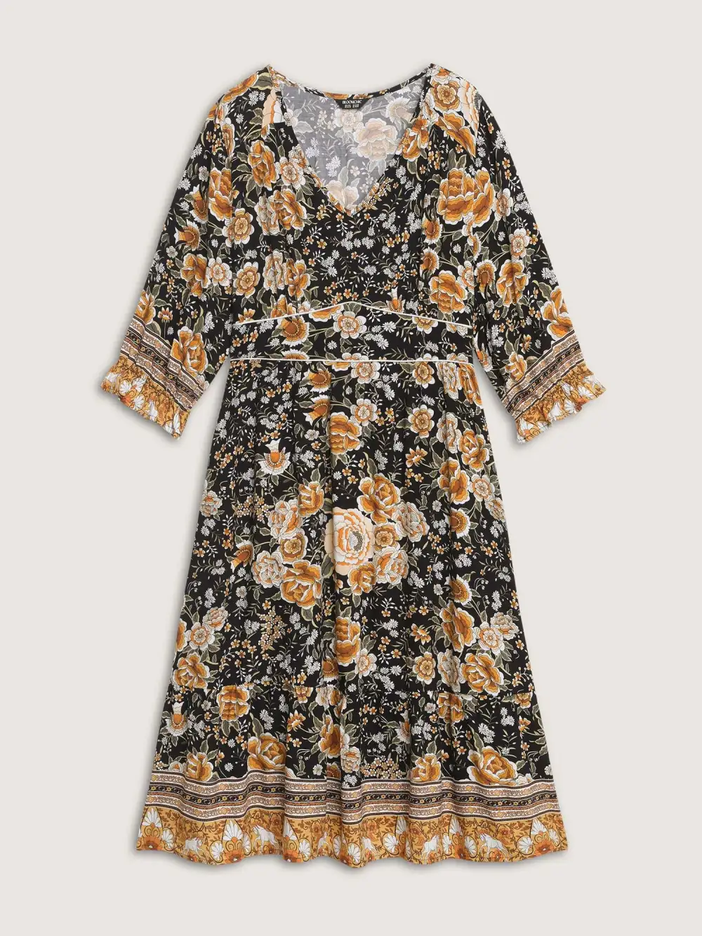 Floral Print Waist-Cinched Contrast Midi Dress