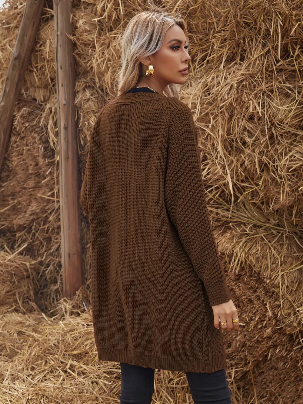 Solid Raglan Sleeve Open Front Cardigan