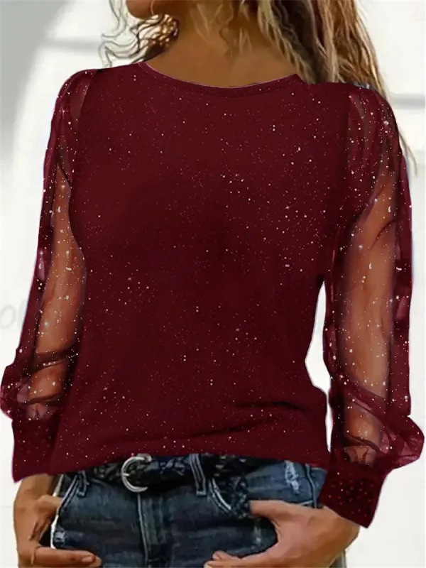 Women's Sequin Sparkly Party Glitter Plain Fashion Modern Casual Long Sleeve Crew Neck Regular Tops Daily Weekend Patchwork Mesh Black Wine Blue Fall Winter