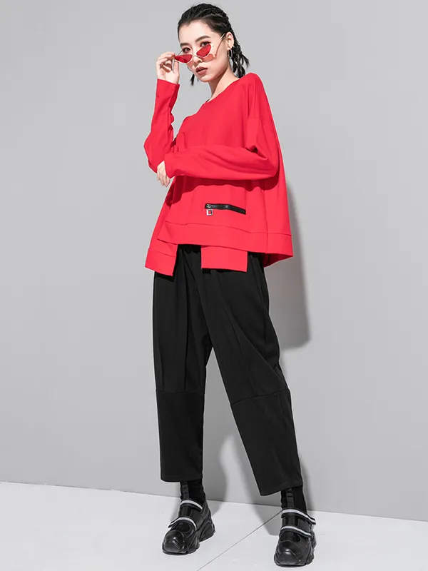 Solid Color Asymmetric Split-Joint Zipper Loose T-Shirt