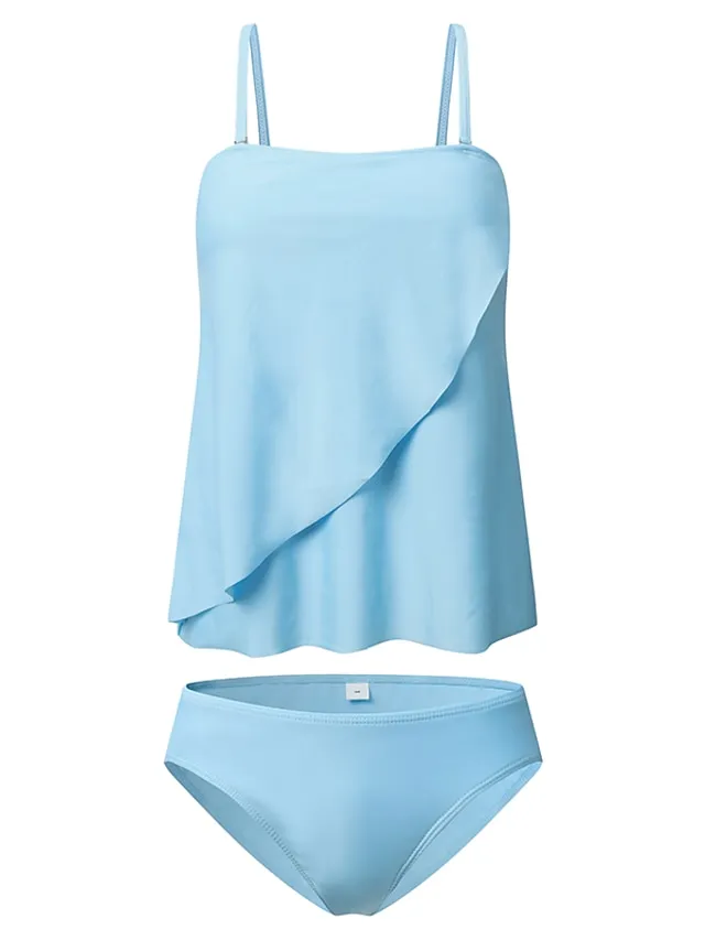 Women's Swimwear Tankini 2 Piece Plus Size Swimsuit Backless 2 Piece Modest Swimwear for Big Busts Solid Color Pure Color Light Blue Black Red Navy Blue Blue Bandeau Strapless Bathing Suits New