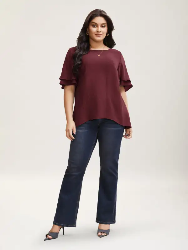 Solid Tiered Ruffles Split Hem Blouse