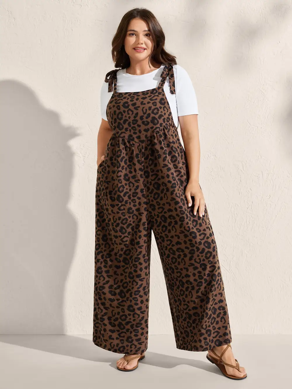 Leopard Print Shirred Shoulder Ties Jumpsuit
