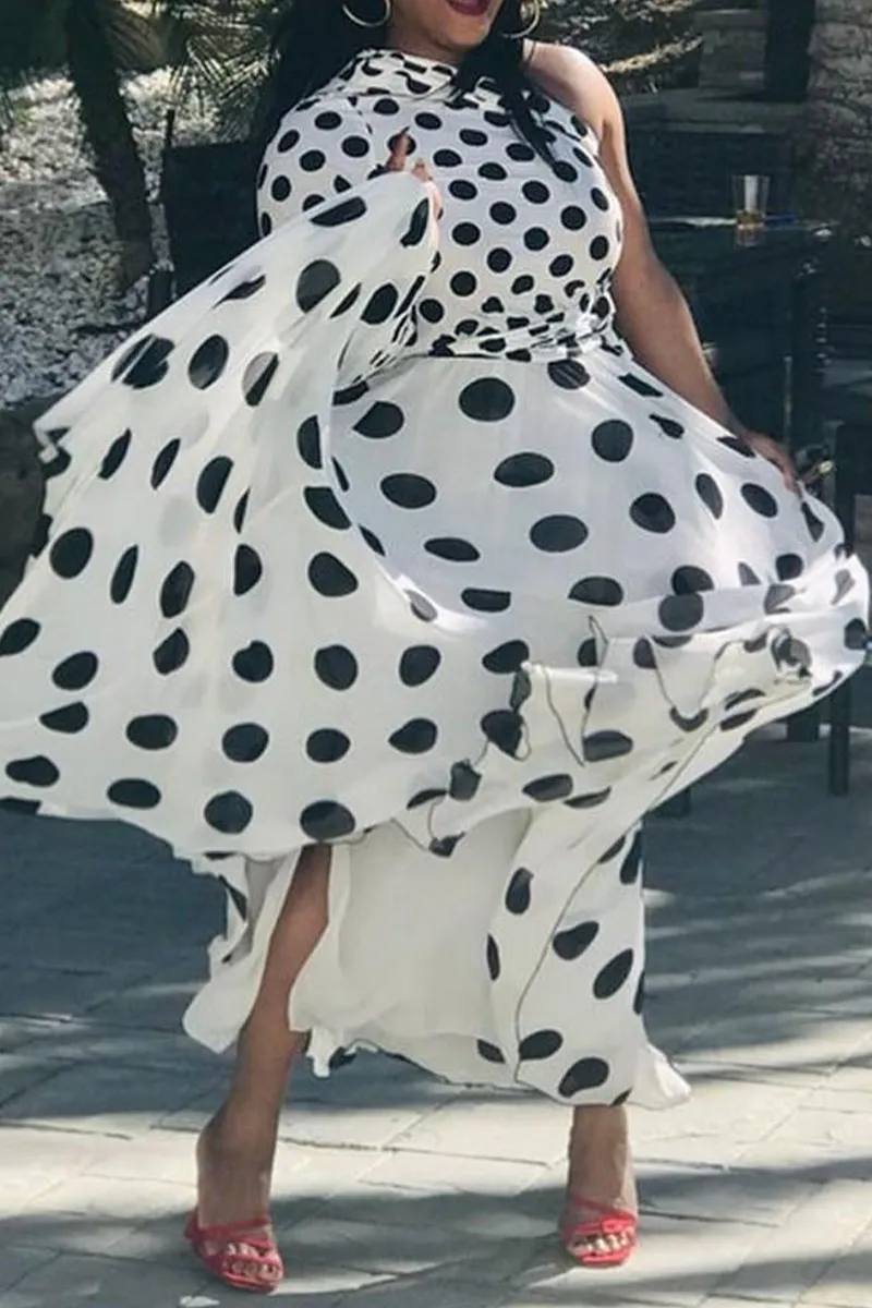 Casual Dot Patchwork One Shoulder Waist Skirt Dresses