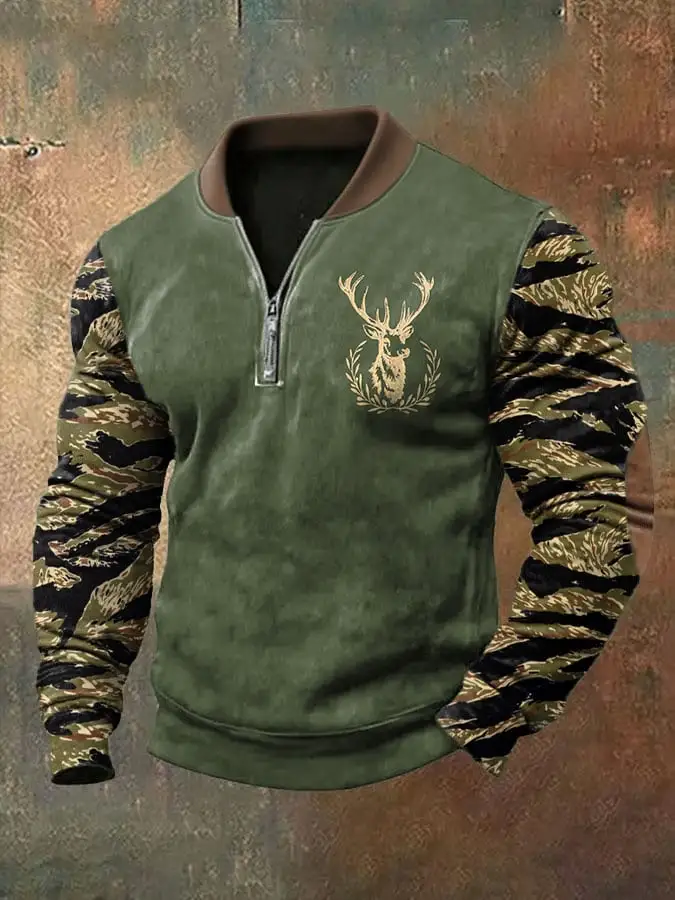 Men's Vintage Western Elk Print Zip-Up Sweatshirt