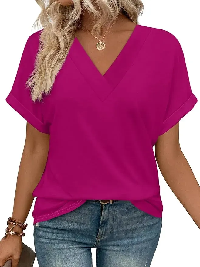✨Womens Summer V Neck Short Sleeve Solid Color Basic T Shirt