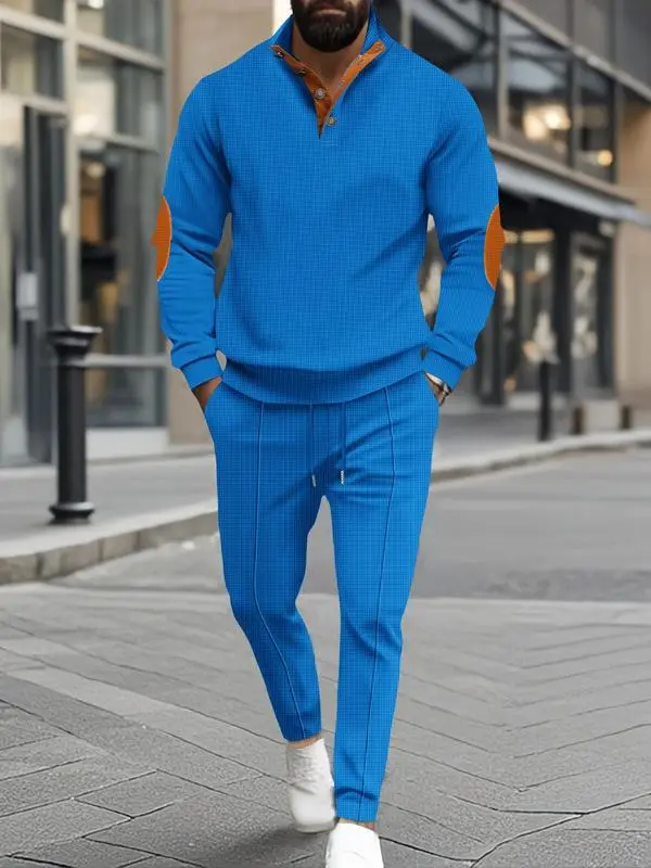 Men’s Waffle Knit Top & Pants Set – Casual 2-Piece Outfit