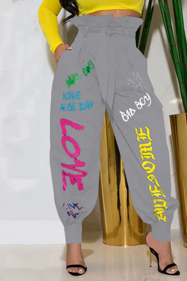 Letter Print Casual Ruffle Pants