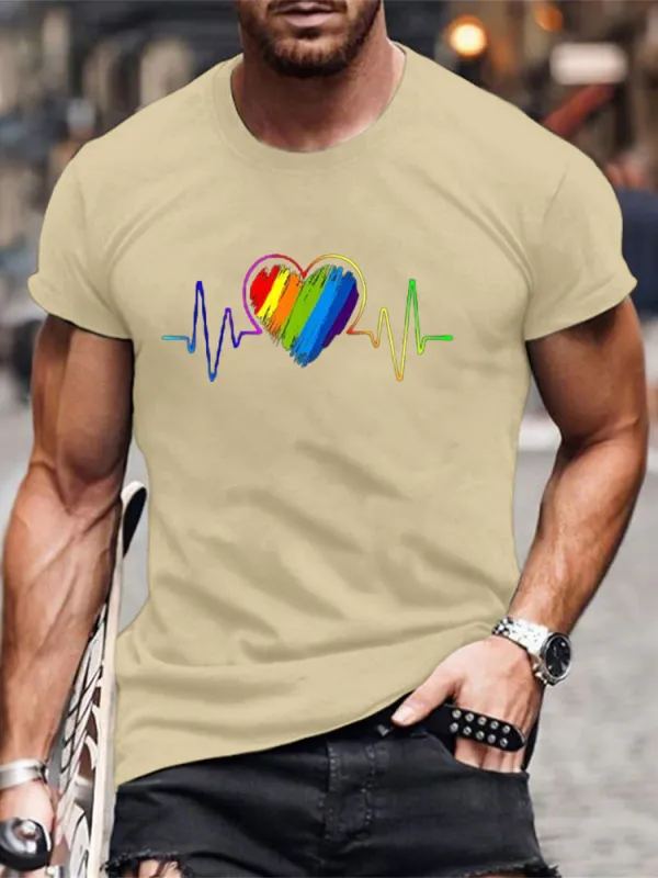 Men'S T-Shirt With Pure Cotton Round Neck, Rainbow Heartbeat, LGBT