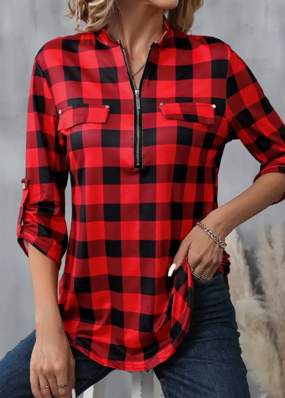 Red Zipper Plaid Long Sleeve High Neck Blouse