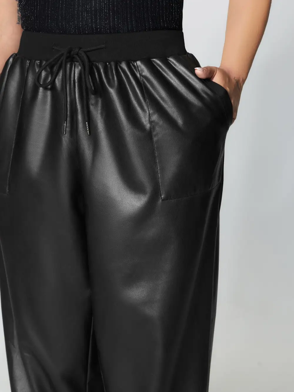 Ribbed Trim Spliced Leather Drawstring Pants
