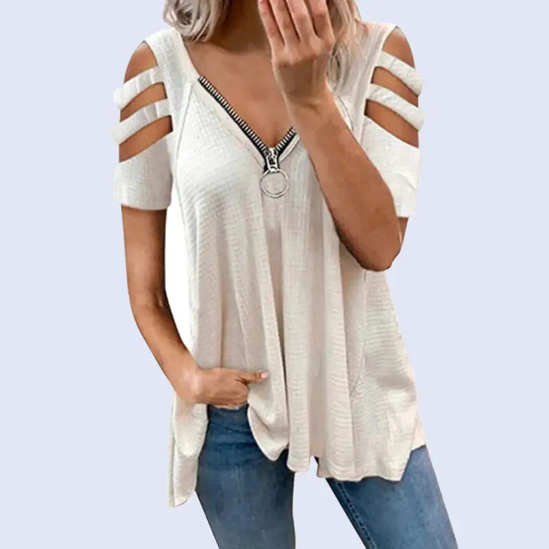 Sexy V-neck zipper solid color T-shirt