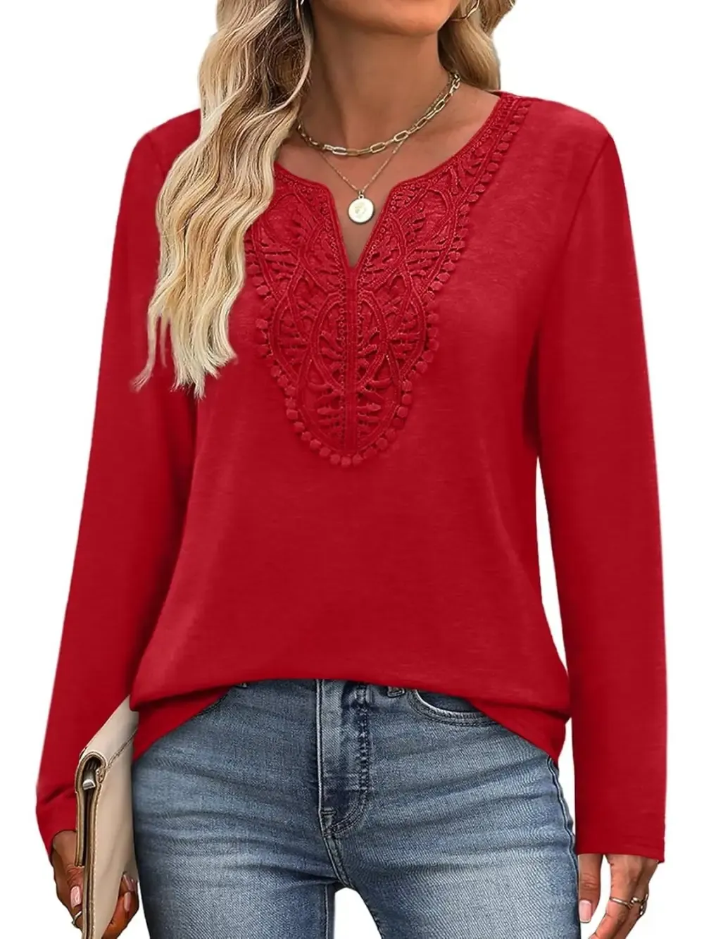 ✨Women Dressy Casual Lace V Neck Long Sleeve Shirts Blouses