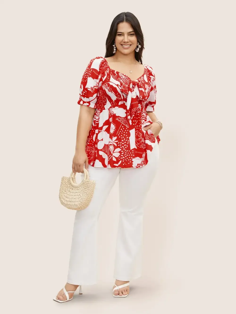 Tropical Print Bowknot Shirred Lantern Sleeve Blouse