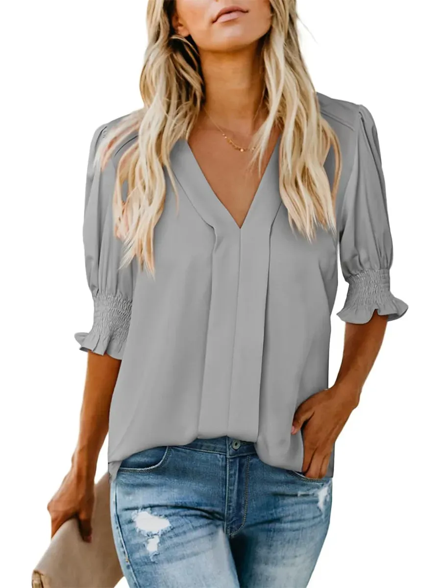 ✨Women's V Neck Dressy Puff Ruffle Blouse Casua Short Sleeve Tops