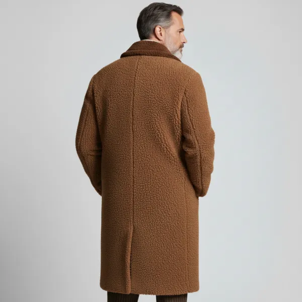 Men's Brown Notched Lapel Double Breasted Long Sleeve Pockcets Plush Overcoat