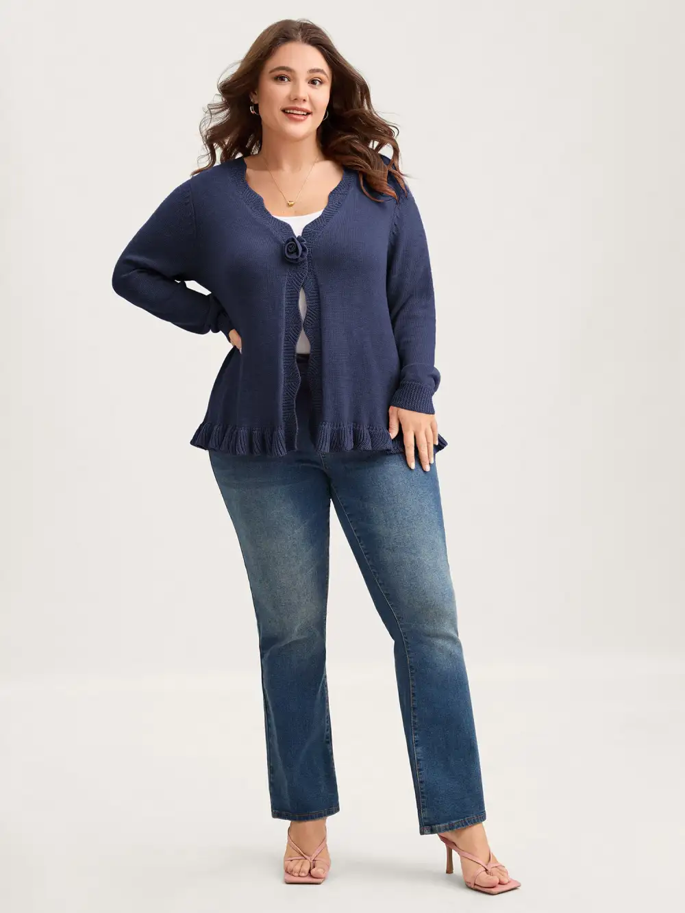 Supersoft Textured Floral Button Ruffled Hem Knit Cardigan