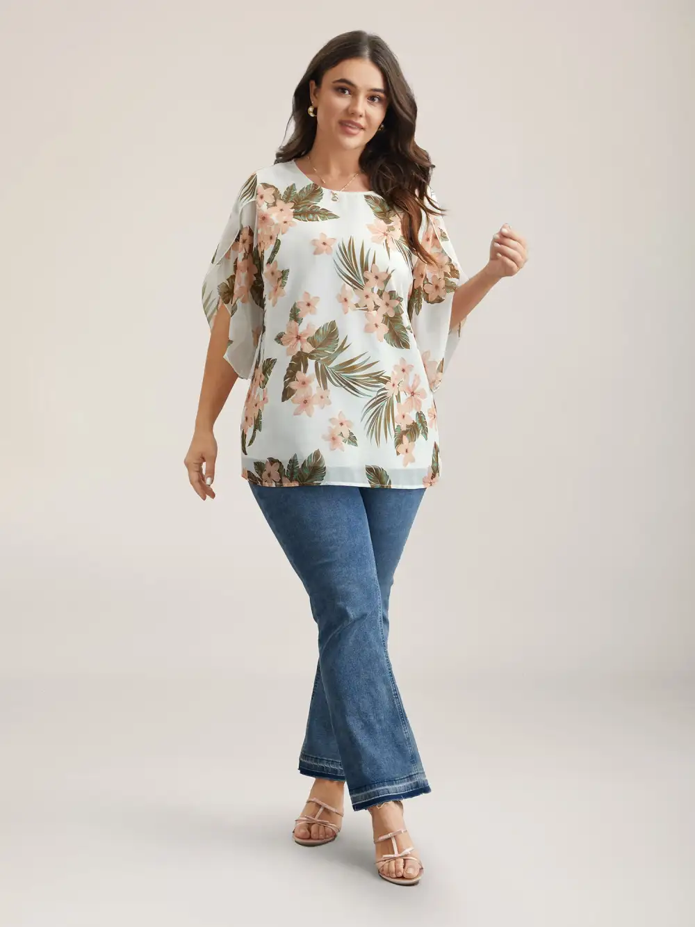 Petal Sleeve Floral Round Neck Shirt