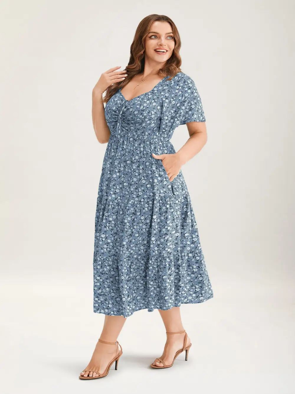 Ditsy Floral Sweetheart Drawstring Pocket Tiered Dress